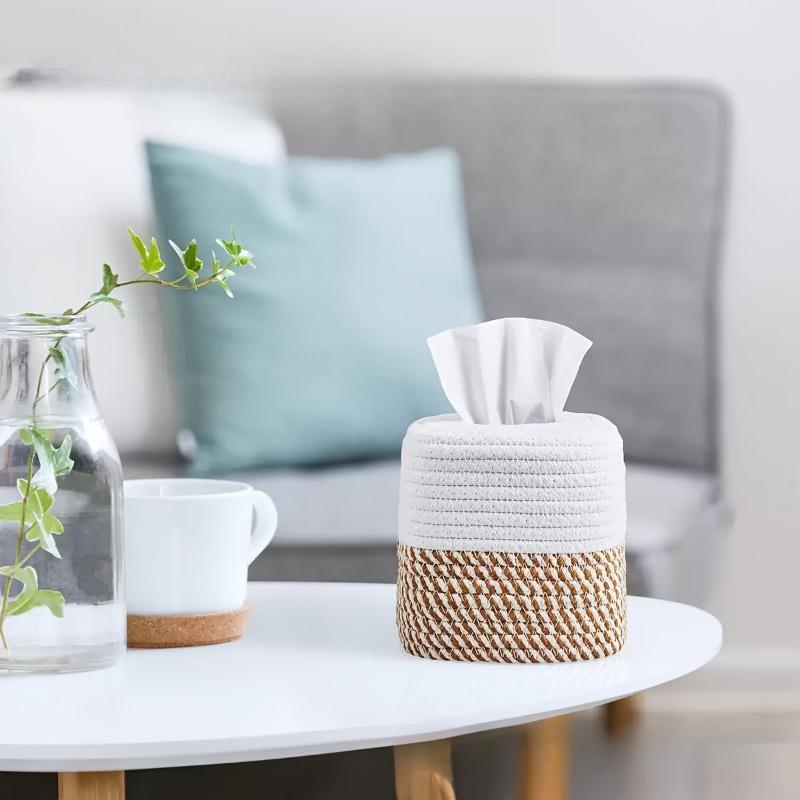 Minimalist Japanese-style Rope Woven Tissue Box,Desktop Organizer, Handmade Square Tissue Holder,Very Suitable for Home Decor