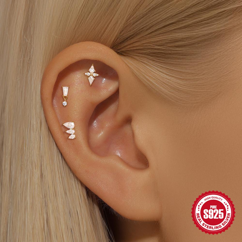 Fashion S925 Sterling Silver Geometric Kite Stone With Diamond Flat Head Thread New Puncture Easy To Wear Earbone Nails