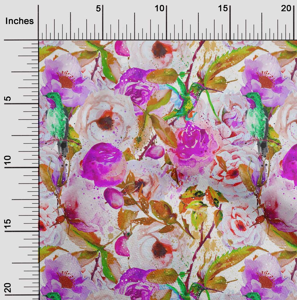 oneOone Cotton Flex Pink Fabric Bird & Floral Watercolor Sewing Craft Projects Fabric Prints By Yard 40 Inch