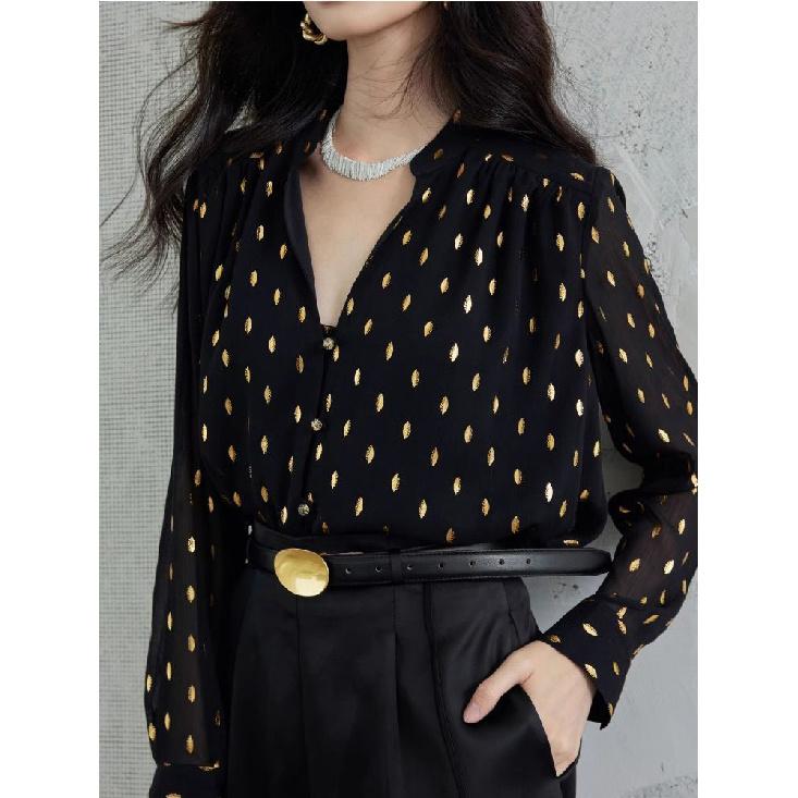 Women s Black Gold Foil Waterdrop Print Shirt, Stand Collar V-neck Lantern Sleeve Design, Elegant Commute Blouse S чёрный