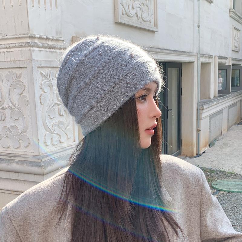 Hat Women S Autumn And Winter Knitted Hat Nailed Pearl Rabbit Hair Hat Cold-Proof And Warm Pullover Hat Fashion Sequins Stacking Hat One size fits all серый
