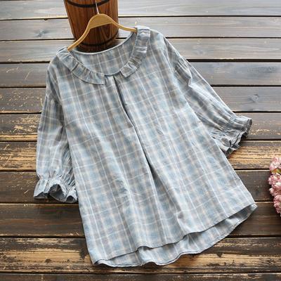 Summer Women's Small Fresh Loose Ruffled Collar Plaid Short-sleeved Shirt Casual Lady Style Pullover Shirt Top