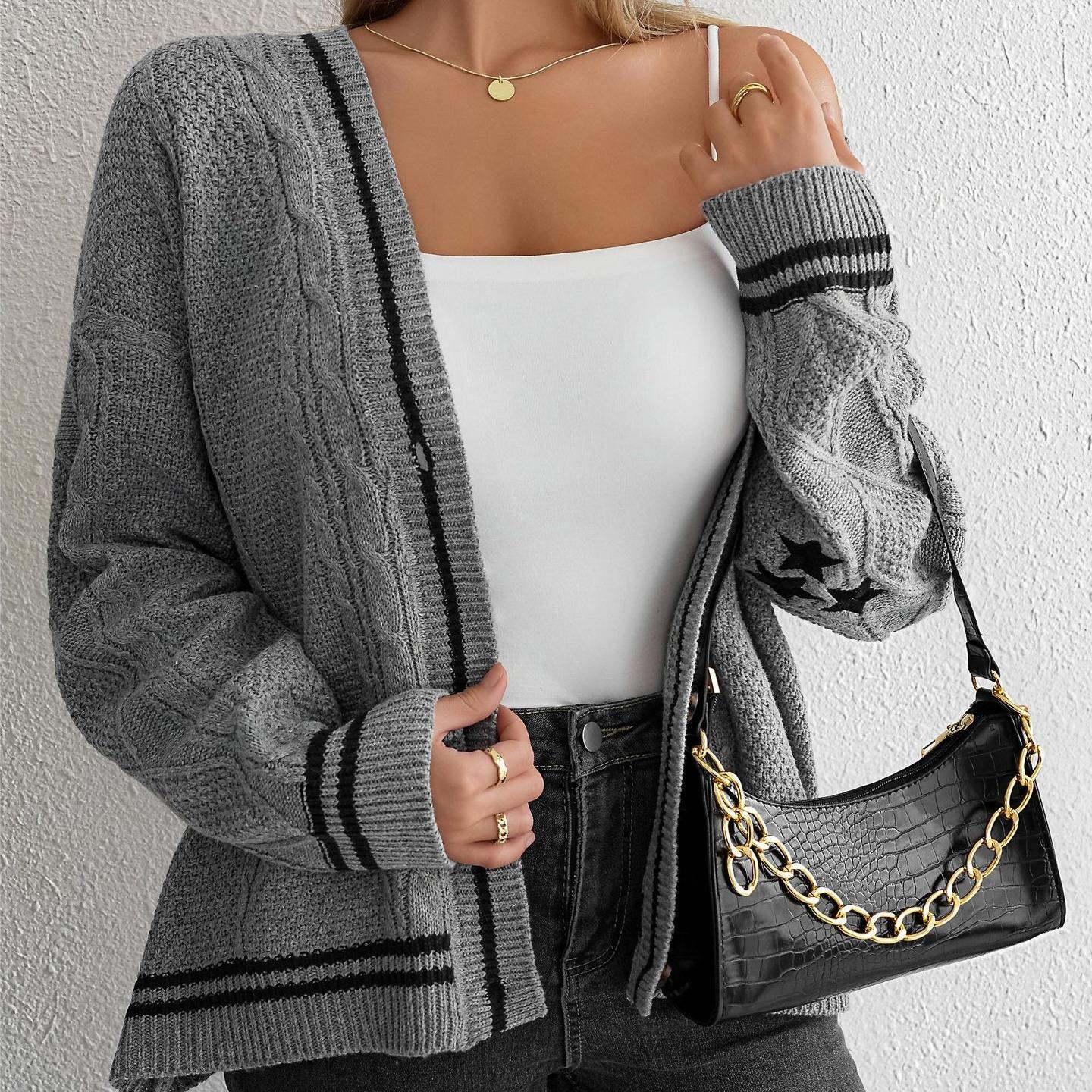 

GMXIA Вязаный кардиган женский осень и зима свободный ленивый стиль вышивка звезды вязаный свитер кардиган пальто женский XL серый