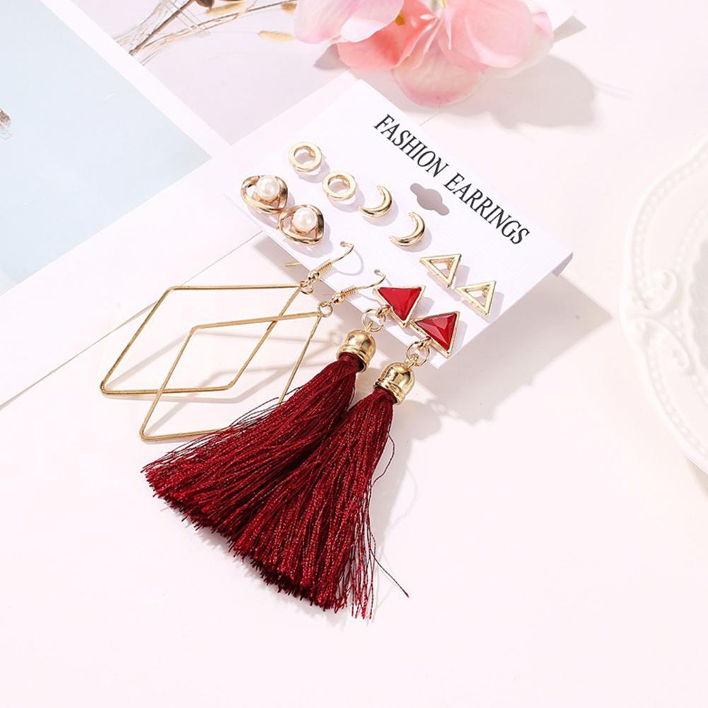 6 Pairs Women Bohemian Pearl Geometric Fringed Beach Earrings