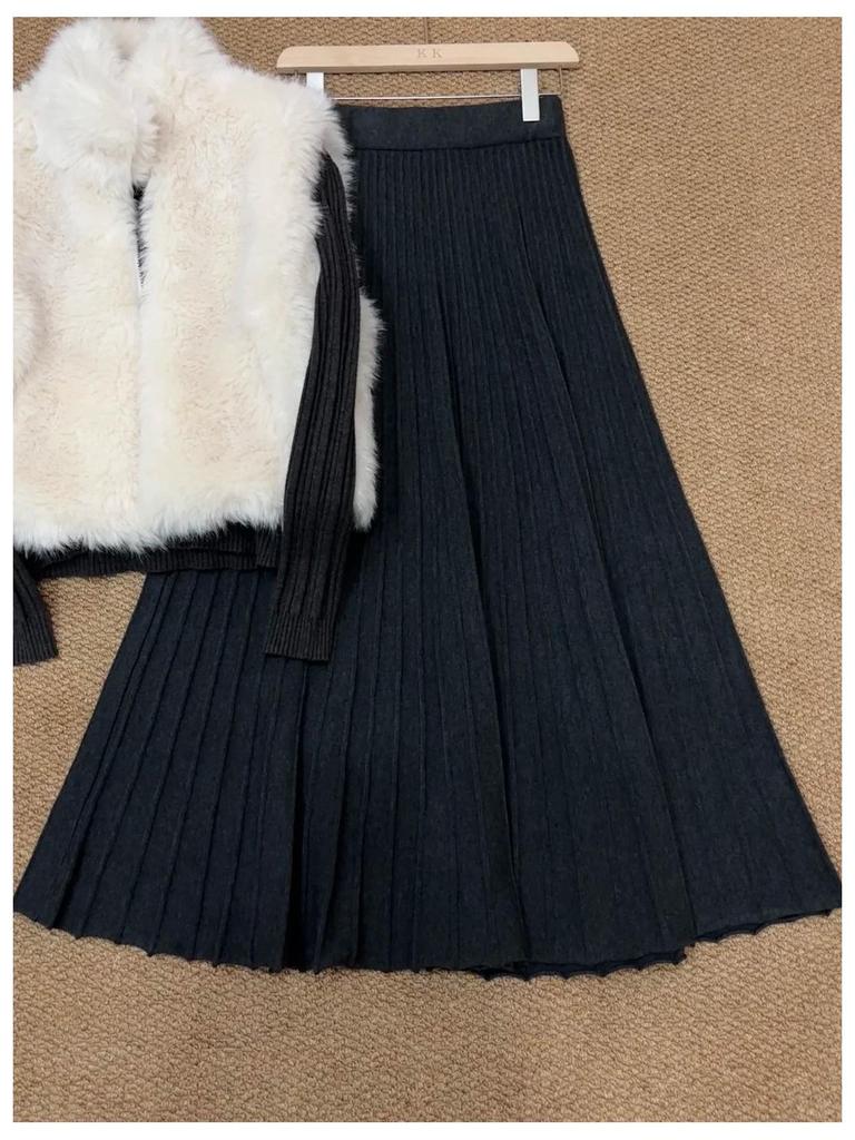 Elegant Korean Imitation Cashmere A-line Pleated Midi Skirt for Women - Autumn/Winter 2025 Slimming Drape Style