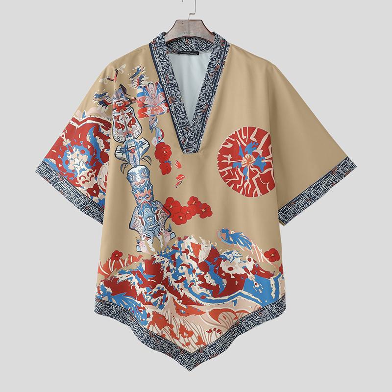 

INCERUN Мужские футболки оверсайз с V-образным вырезом, рукавом «летучая мышь», принтом, асимметричные, повседневные 3XL хаки