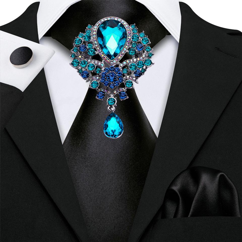 Mens Fashion Black Tie with Brooch Formal Silk Necktie Hanky Cufflink Set