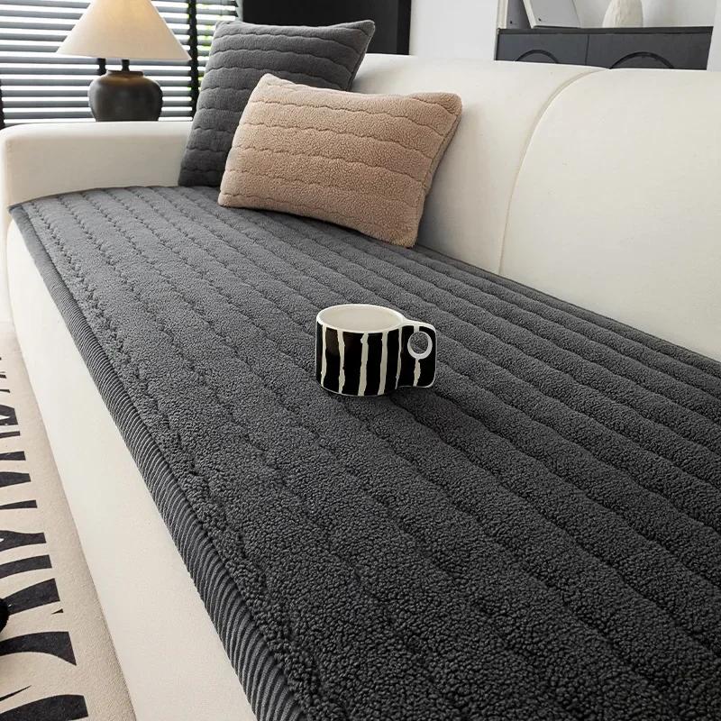 Solid Color Berber Fleece Sofa Cover Straight Row One-Piece Sofa Cushion Winter Thickened Non-Slip Couch Mats Window Sill Cushio