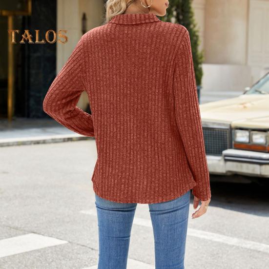 Pulover de femeie cu rever cu decolteu în V, buzunar la piept, cu mânecă lungă, de culoare solidă, topuri de tricotat, pulover casual cu nervuri