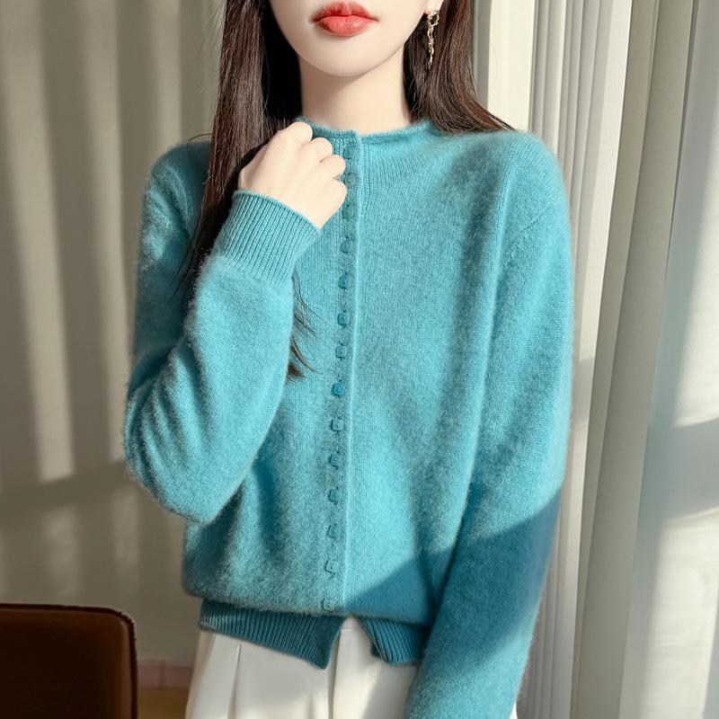 Plus Size Knit Wool Cardigan Sweater with Stand Collar - Women's Long Sleeve Autumn/Winter Fashion
