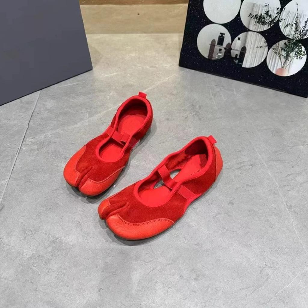 Sheepskin version~ niche design elastic one-word strap Mary Jane shoes split-toe shallow mouth single shoes women's ballet flats