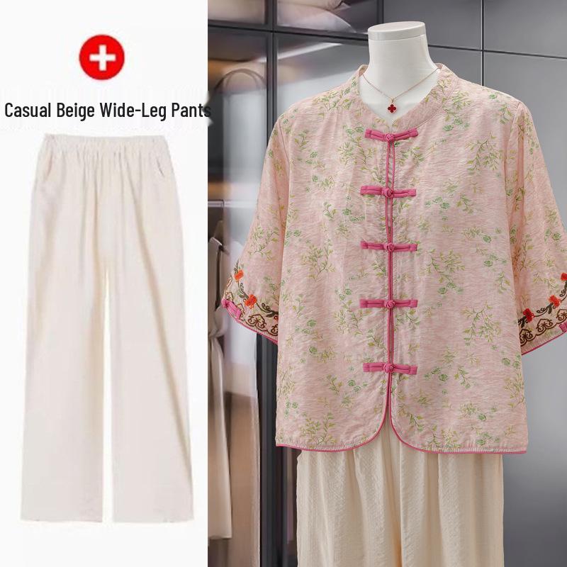 Elegant Retro Chinese Style Linen Tencel Blouse - Short Sleeve, Stand Collar, Frog Button, Loose Fit for Women