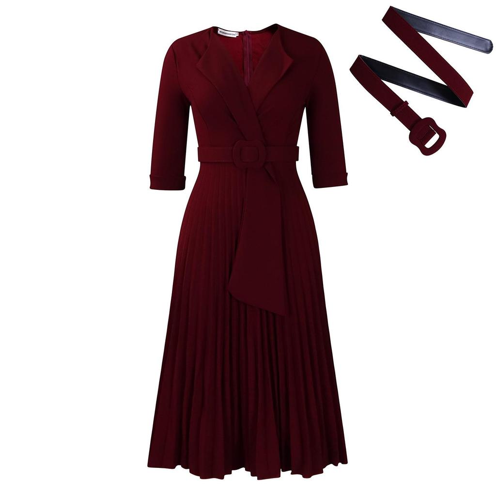 L51 Women's Suit Collar Tie-Waist Pleated African Dress