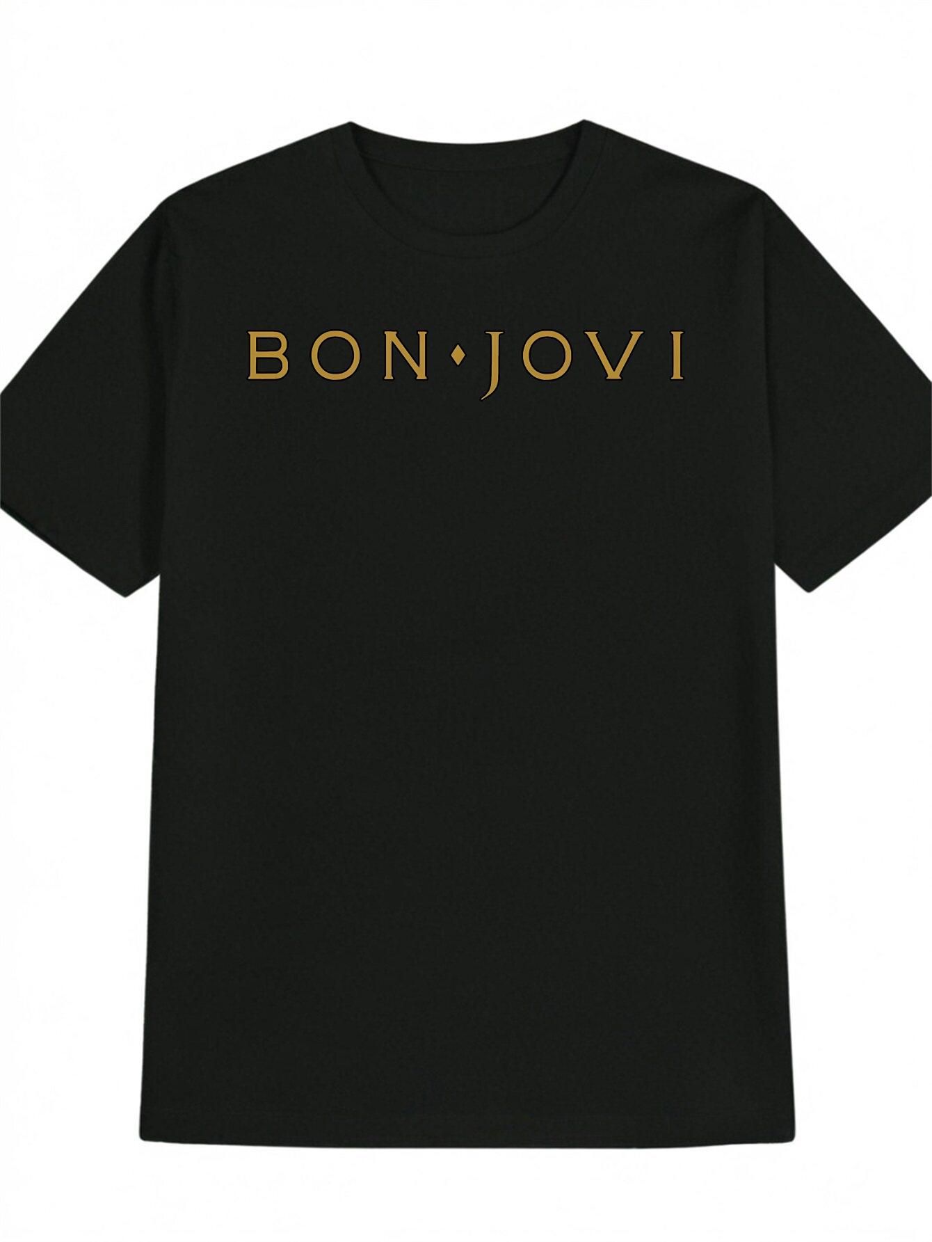 Casual Crew Neck T-shirt with Bold BON JOVI Print - Black XXL
