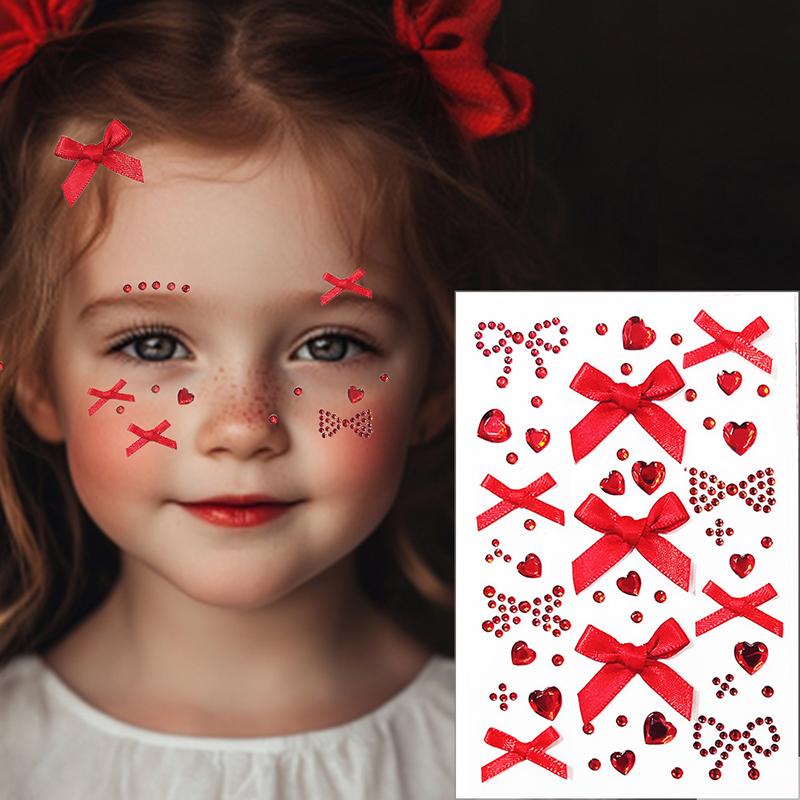 Bow  Tattoo Sticker Face Diy Makeup Red Diamond Pearl Bows Temporary Tattoo Sticker Self Adhesive Party Festival