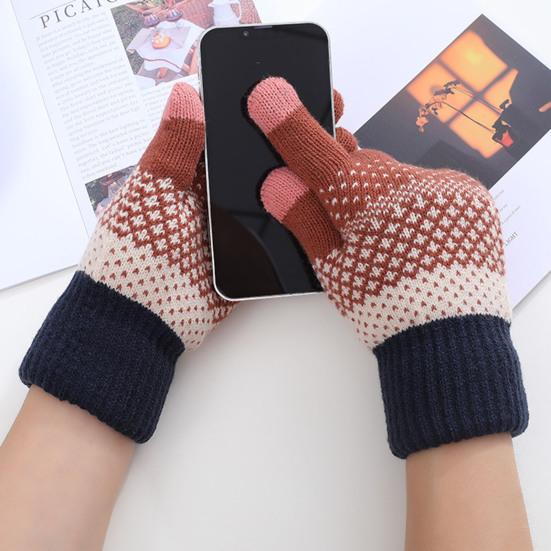 1 Pair Thickened Warm Full Fingers Touch Screen Ribbed Cuffs Women Gloves Winter Striped Splicing Double Layer Fleece Lining Knitting Gloves for Cold