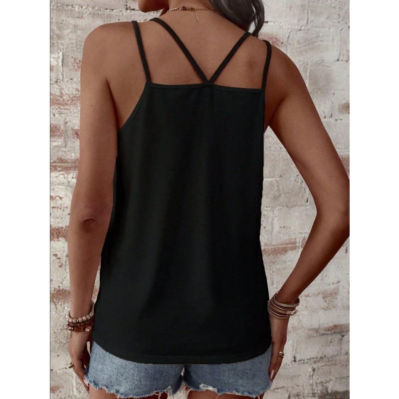 Womens V Neck Double Strap Tank Top With Dragonfly Print Casual Solid Color Sleeveless Blouse