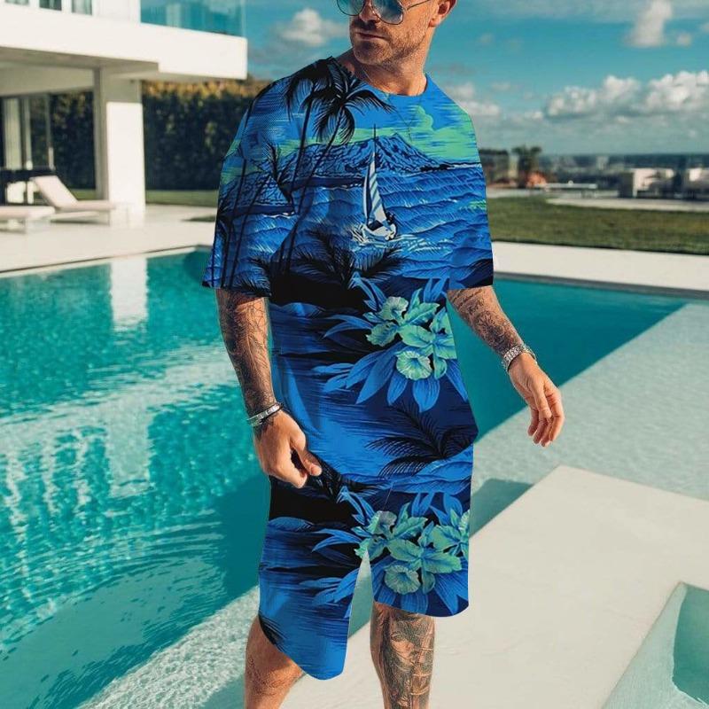 Hawaïaanse Herenset Casual T-shirt Strandbroek Pak Dagelijks Stijlvol Heren Top met Korte Mouwen Outdoor Vakantie Heren T-shirts Korte Tweedelige Set