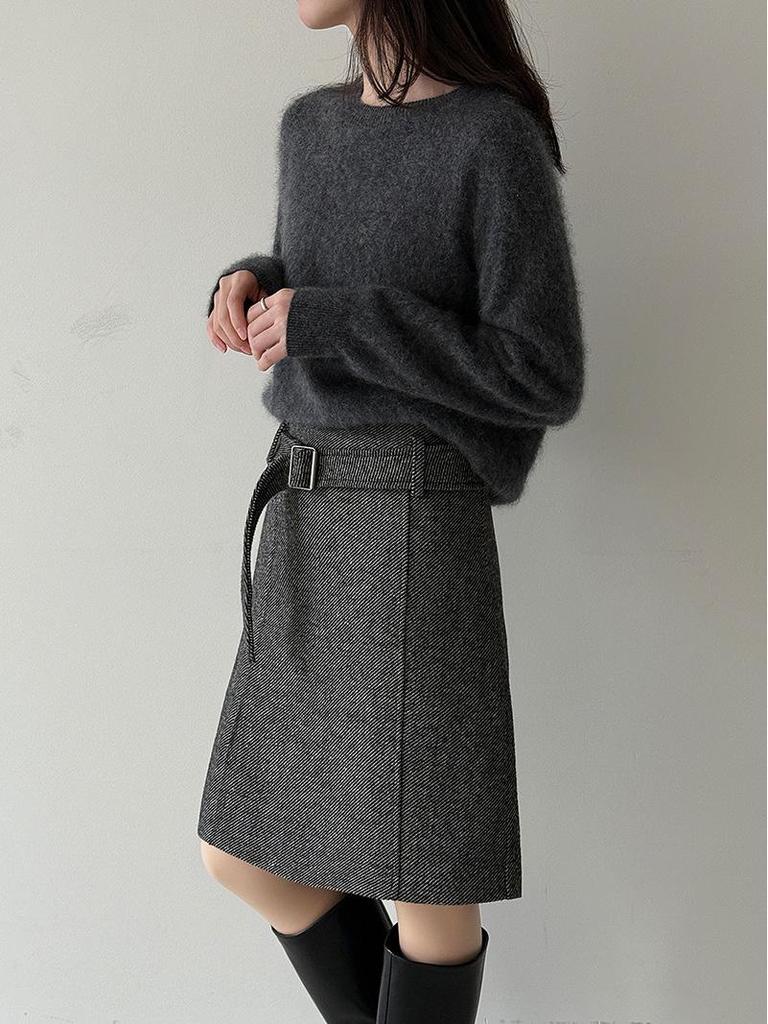 Damen Retro High-Waist Schlankmachender Wollrock mit Gürtel - Winter Vielseitiger Stil (Kurz)