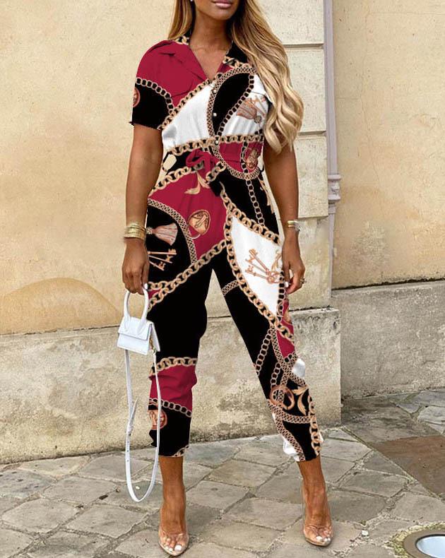 Summer Women's Casual Button-Up Print Waistband Jumpsuit