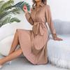 Spring and Summer Elegant Solid-color Collared Long-sleeved A-line Wrap Dress for Women