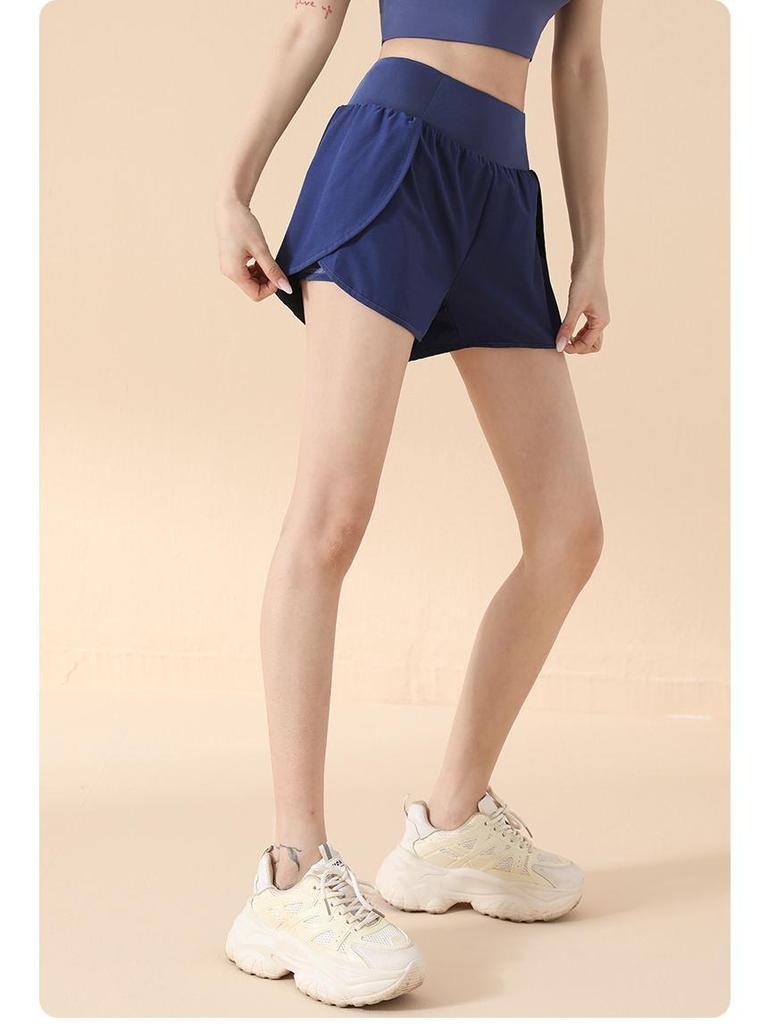 Damen Sportshorts mit hohem Bund: Fake Zweiteiler, Anti-Exposition, Lockere Passform, Seitentasche, Hüfthebung, Für Laufen & Yoga