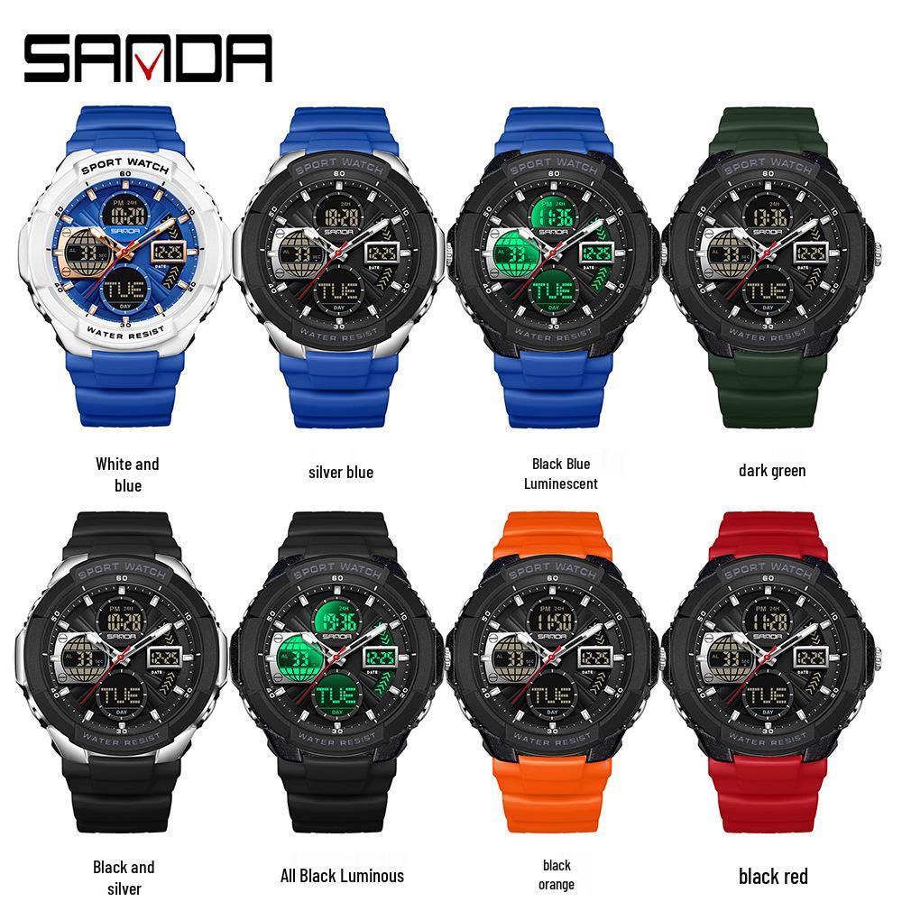 Sanda Men's Multifunctional Sports Watch with Three-Time Zone Dual Display & Waterproof Design