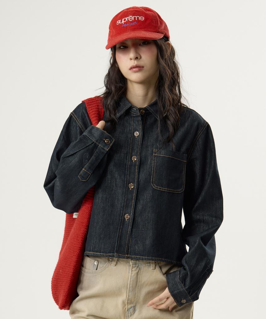 UNKNOWN PLANET Pocket Crop Denim Shirt Indigo