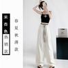 [Large Size] (M-XL) Textured Ice Silk Wide Leg Pants Women's Spring and Summer Thin High Waist Drop Color Contrast Casual Pants