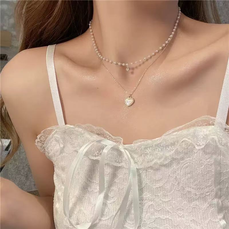 Pearl love double-layer necklace women s new niche design sense simple and versatile fashion collarbone chain accessories