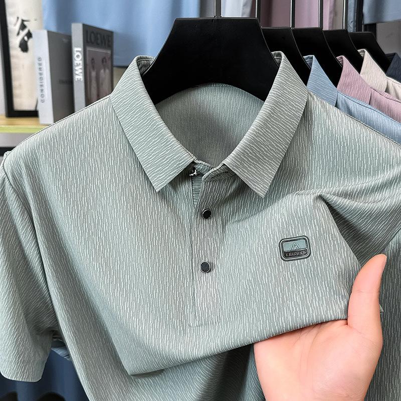 Bark Pattern Jacquard Mulberry Silk Seamless Men'S Short-Sleeved T-Shirt Summer Lapel Polo Shirt Half-Sleeved Ice Silk Casual