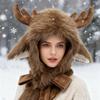 Winter Hat with Ear Flap Scarf Cartoon Deer Design Thickened Plush Ear Protection Hat Skiing Camping Travel Headwear