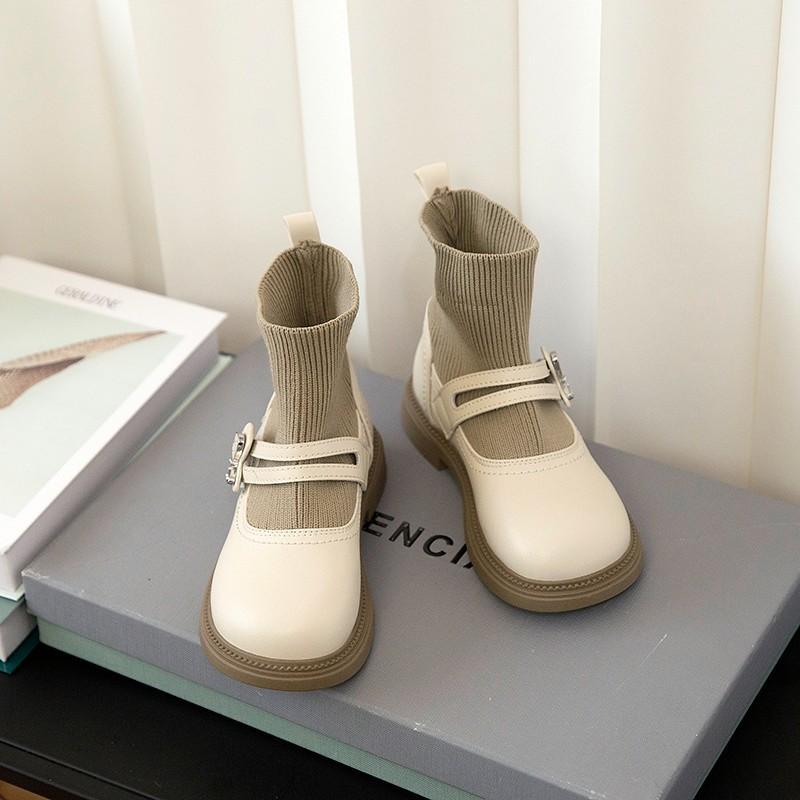 Girls Knitted Boots 2025 Autumn Children's Socks Splicing Small Leather Shoes Catwalk Short Boots Princess Socks Boots Tide