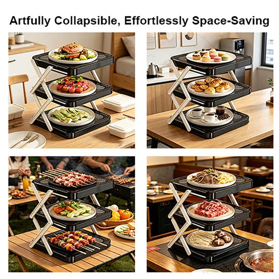 Plate Storage Rack Three-Tier Foldable Kitchen Organizer with Open Access Design Space-Saving Collapsible Food Display Rack for Parties And Buffets