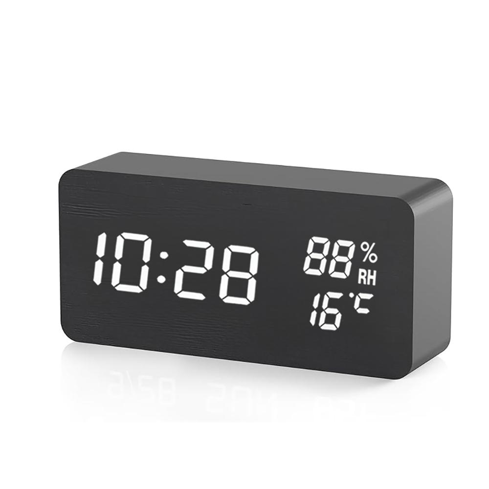 Wooden Digital Alarm Clock with Temperature Humidity LED Desk Clock for Office Bedroom Wooden Electric Clock Bedside Décor Gift