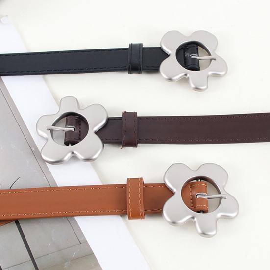 Imitation Leather Women Belt Metal Flower Pin Buckle Adjustable Design