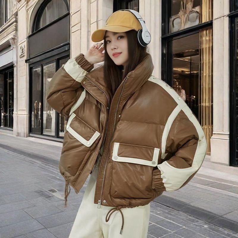 Winter PU Leather Jacket Stand Collar Short Loose Fit Sporty Padded Coat for Women
