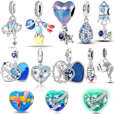 Charms Copper Original Star Blue Glowing Heart Rocket Astronaut Beads Fit Bracelet Women Jewelry Diy Necklace Fine Gift