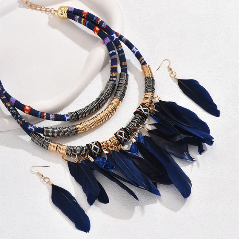 Vintage Ethnic Feather Choker Necklace Earrings Set for Women Multilayer Jewelry