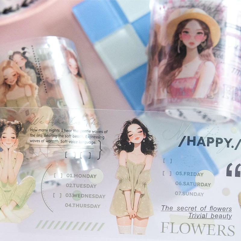 Mr. Paper, 6 Styles, 200cm/roll, Girl Character PET Waterproof Tape, DIY Scrapbook Collage Decorative Material Tape Stickers