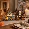 Set of 2 Small Halloween Resin Glowing Miniature House Decorations with Pumpkin Figurines for Shelf Table Centerpiece