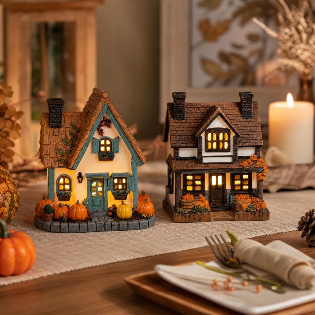 Set of 2 Small Halloween Resin Glowing Miniature House Decorations with Pumpkin Figurines for Shelf Table Centerpiece