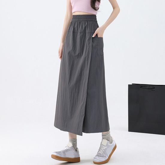 Women Cargo Pants Elastic High Waist Wide-Leg Skirt Pants with Pockets Solid Color Summer Thin Leisure Trousers