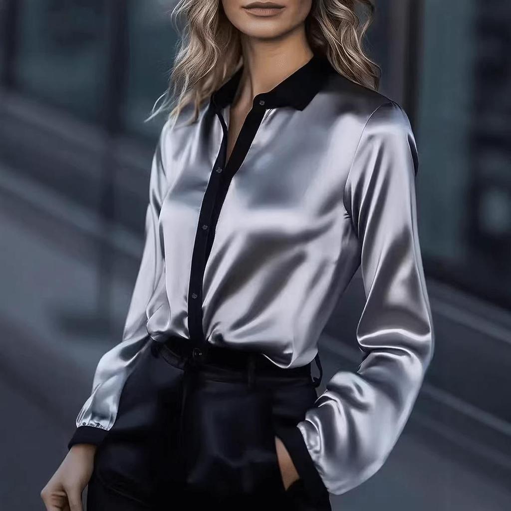 2026 Spring European & American Women's Satin Color Block Long Sleeve Shirt