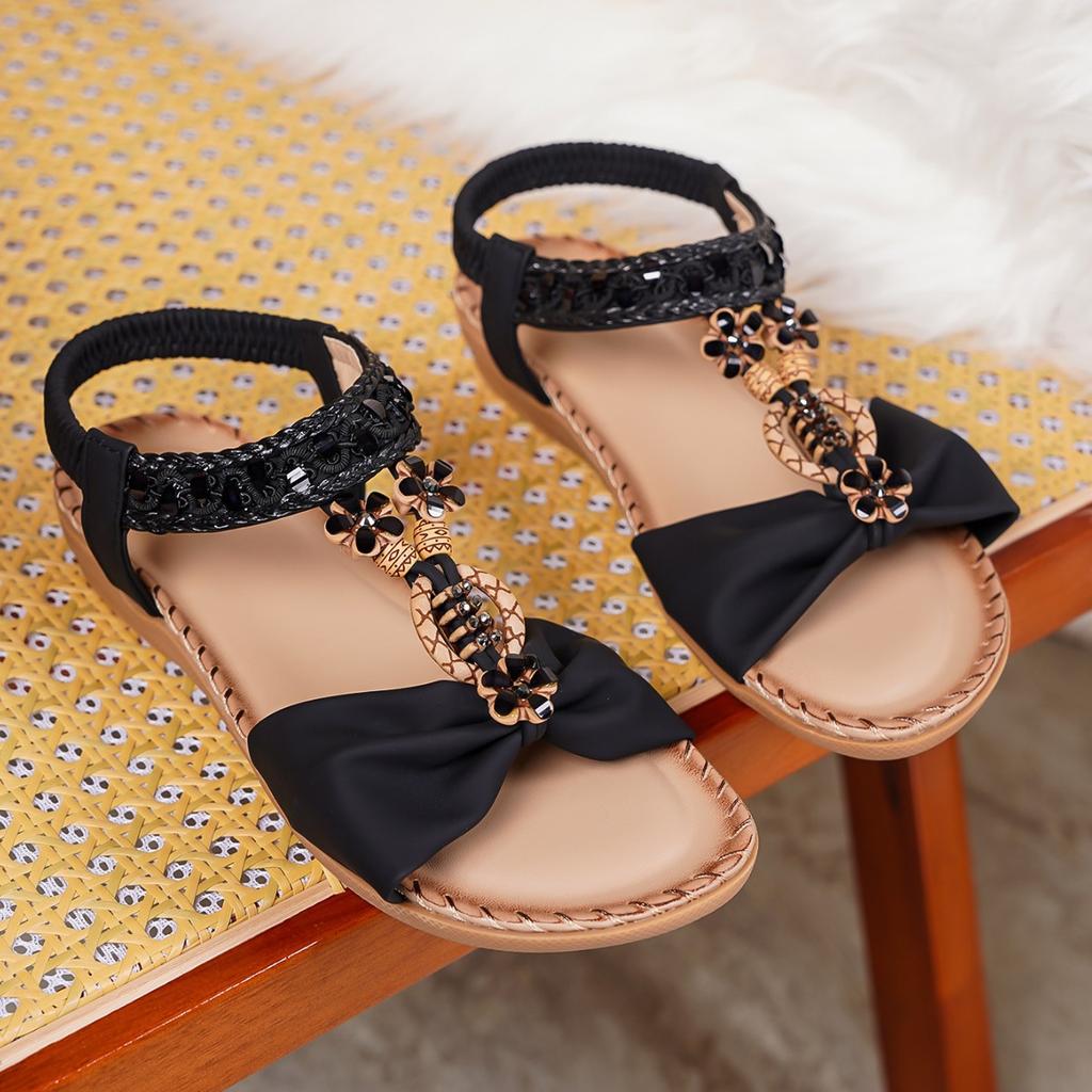 Sandali Bohemien Floreali con Strass, Comodi da Indossare Come Sandali da Spiaggia, Sandali Bassi alla Moda e Casual