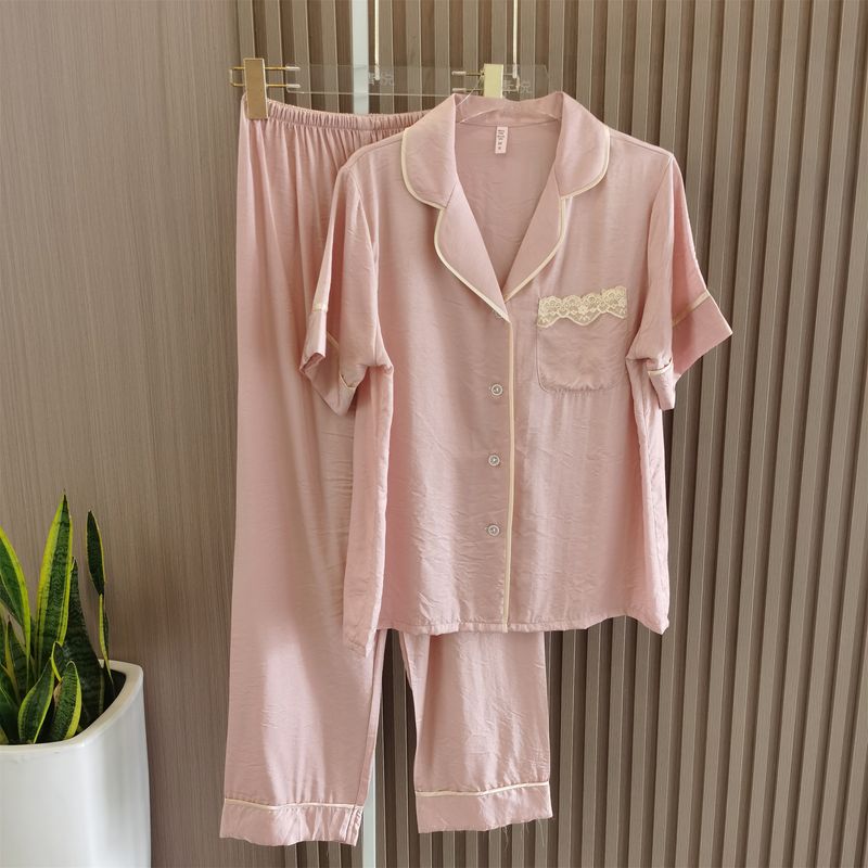 Tencel Cotton Pajamas Women's Summer Short Sleeve Trousers Homewear Summer Thin Cotton Cool Cardigan Two-Piece Suit