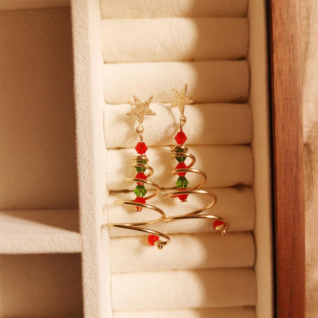 3D Christmas Tree Earrings with Red Bow - Heavy Beaded Crystal Ear Clips, Hand-Woven Holiday Accessories