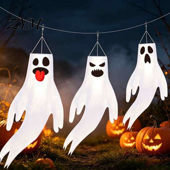 Festive Ghost Streamers 44 Inch Halloween Hanging Windsock, White Flying Ghosts Flag Wind Windsock Socks for Tree, Outdoor Yard Patio, Party