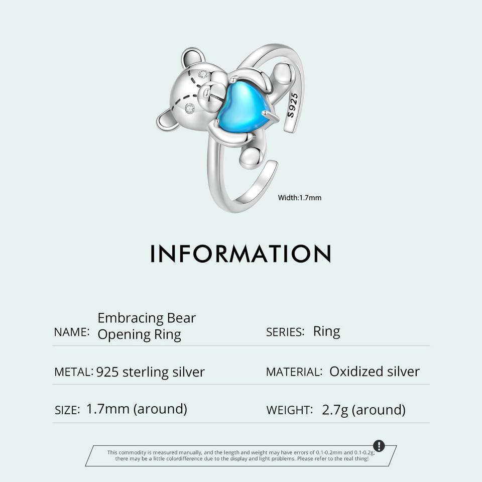 WOSTU 925 Sterling Silver Embracing Bear Opening Ring Blue Heart Crystal Statement Rings Original Jewelry Party Anniversary Gift