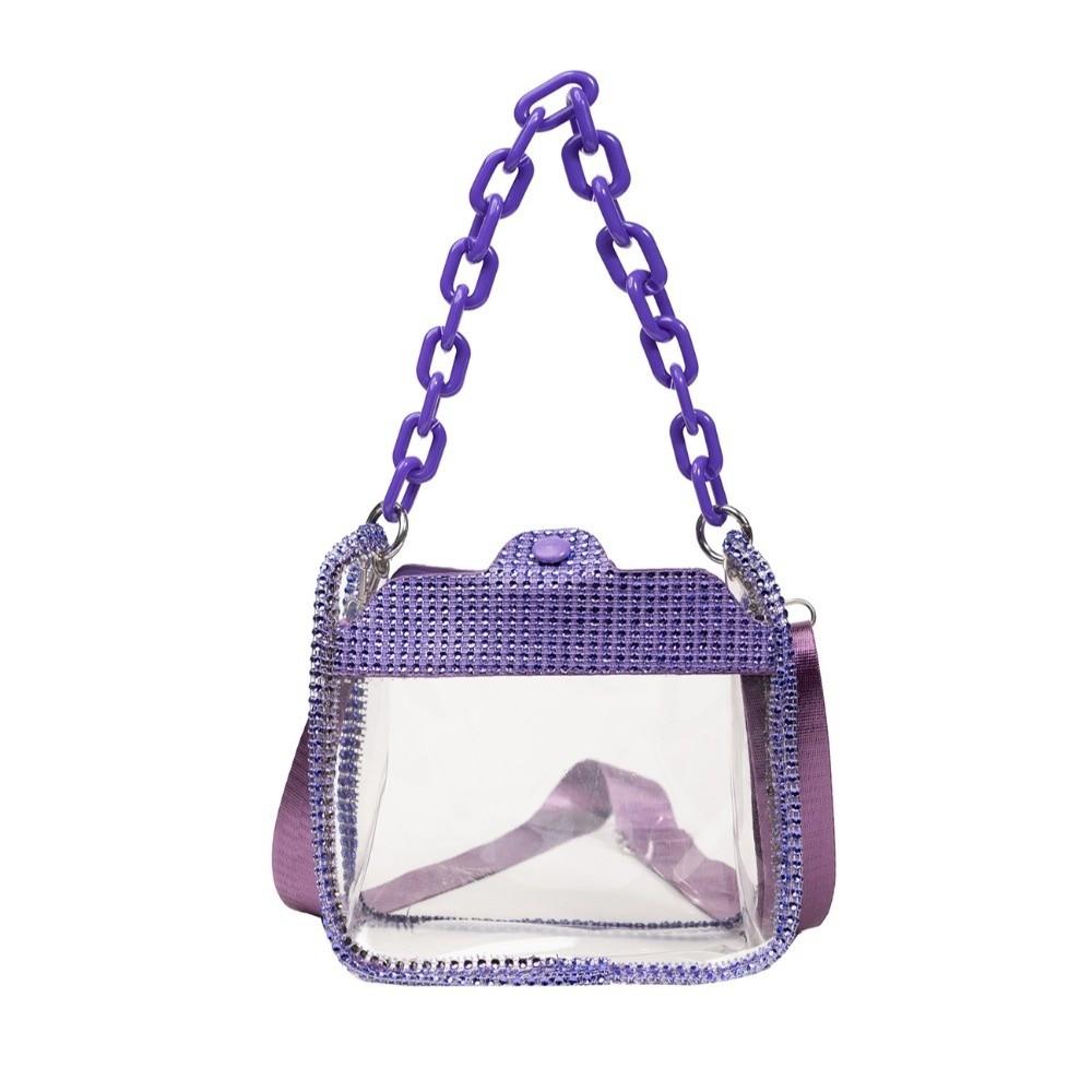Waterproof Transparent Chain Handbag Thick Chain Rhinestone Inlaid Shoulder Bag Women фиолетовый